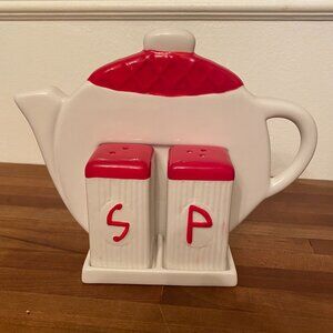 Salt and Pepper Shaker with Teapot Stand Tabletop or Wall Mount Display Ceramic